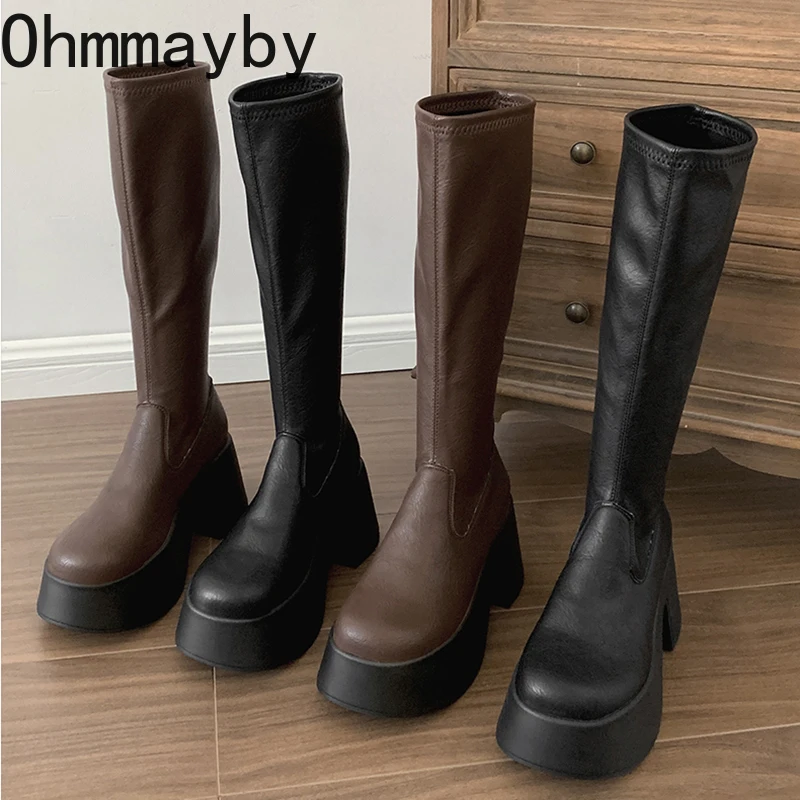 Punk Style Platform Women Knee High Boots Fashion Slip On Thick Heel Shoes Ladies Concise Knight Long Botas De Mujer