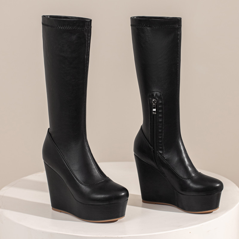 Woman Wedge Knee Boots Platform Heels Black White Elastic Thigh High Boot Autumn Winter Party Shoes Ladies Large Size dfc2