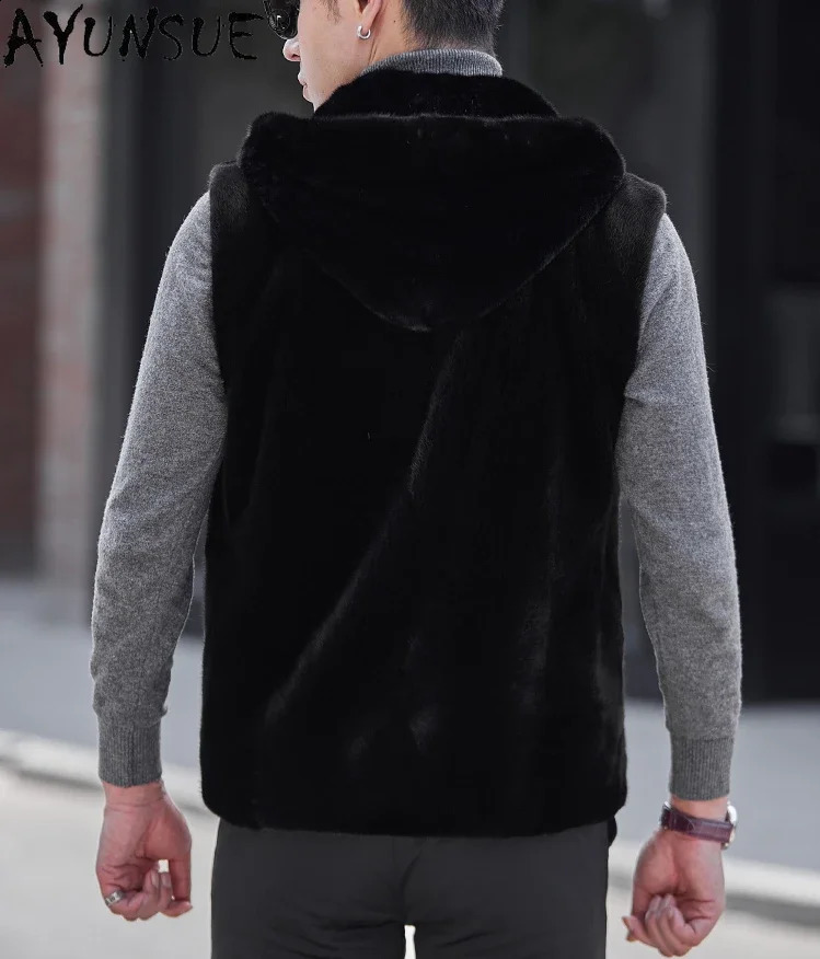 AYUNSUE Real Mink Fur Vest for Men Hooded Winter Autumn Natural Fur Coat Sleeveless Mink Fur Jacket Black Fur Coats 240905