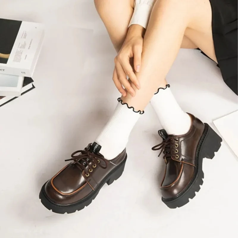Derby Shoes For Women Cow Leather Lace-Up With Round Toe Thick Sole Platform On Spring Autumn Handmade
