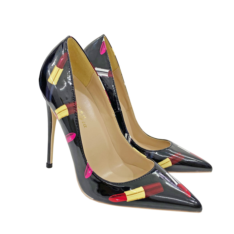 Designer Lipstick Print High Heels Nightclub Black Pointed Tip French Single Shoes 10CM Fashion Fetish Women's Pumps Big Size