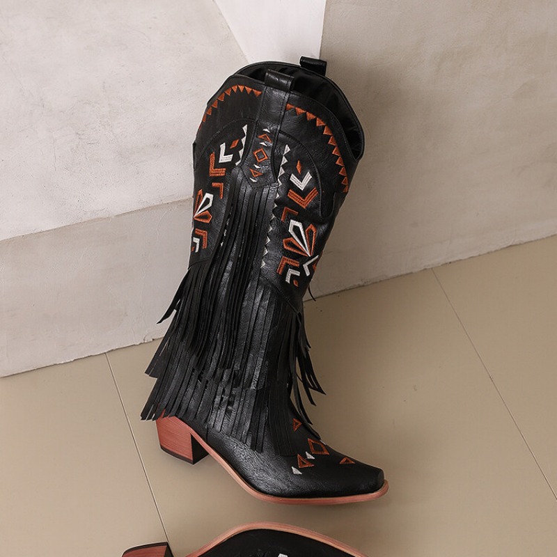 2024 Women Vintage Tassel Embroidered Western Cowboy Autumn Winter New Fashion Thick Heel Mid Length Long Boots 34-48