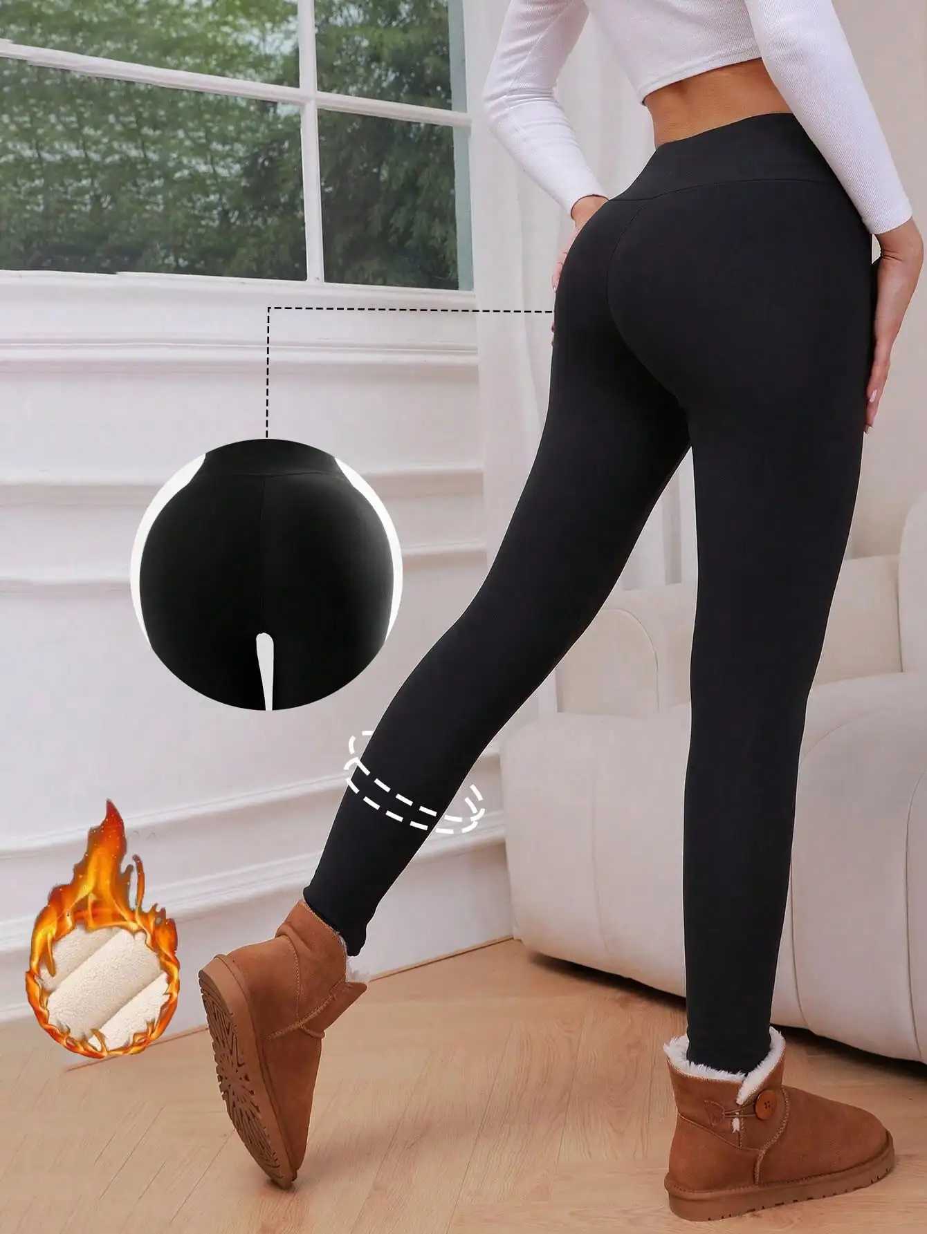 Womens Winter Warm Plush Thermal Black Leggings - Cozy Stretchy Pants For Fall WinterX240914