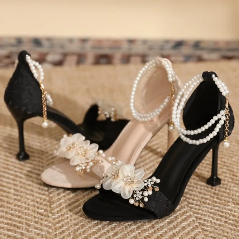 New Sweet Fairy Style String Bead Flower High-heeled Sandals Summer Elegant Banquet Wedding Brides Bridesmaids Women Shoes 31-43