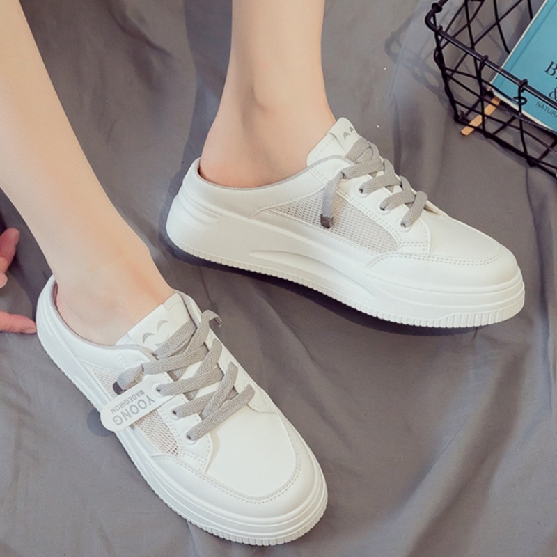 Round Head Lace-up Net Fabric Casual Slippers 2024 Summer Smiling Face Thick White Shoes Street Shoot Trend Net Women's Shoes