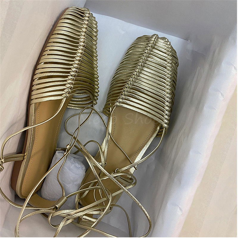 Strappy Hollow Shoes Sandals for Women Silver Golden Sheepskin Leather Roman Sandals Frmale Summer Flat Bottomed Woven Sandals