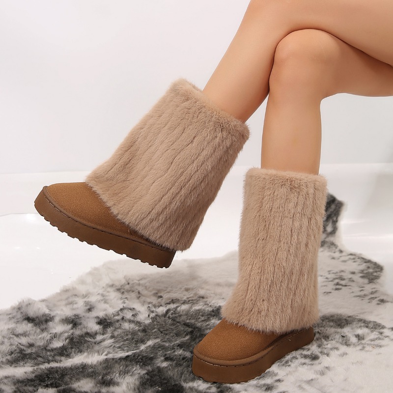 New Shoes for Women New Slip on Women's Boots Winter Round Toe Solid Flock Plush Warm Mid Heel Water Proof Casual Snow Boots