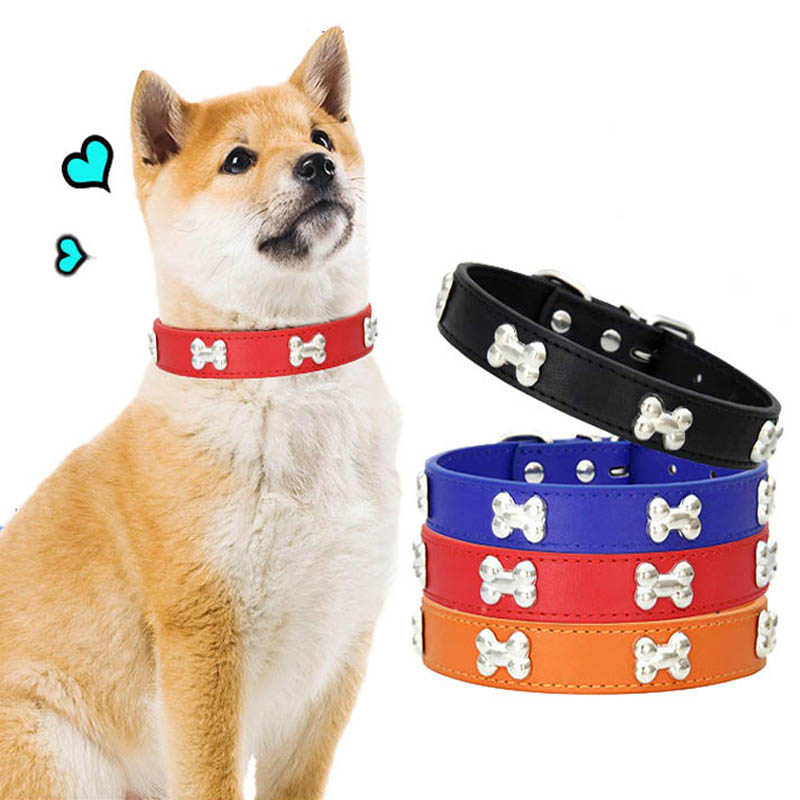 Adjustable Pet Collar Cat Dog Collar Solid Color Leather Strap Bones Decoration Durable Pet Necklace Pet Accessories