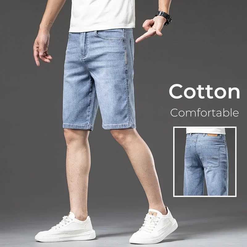 Casual Blue Cotton Mens Denim Shorts Summer Thin Straight Soft Fashion Stretch Comfortable Baggy Short Jeans MaleX240914