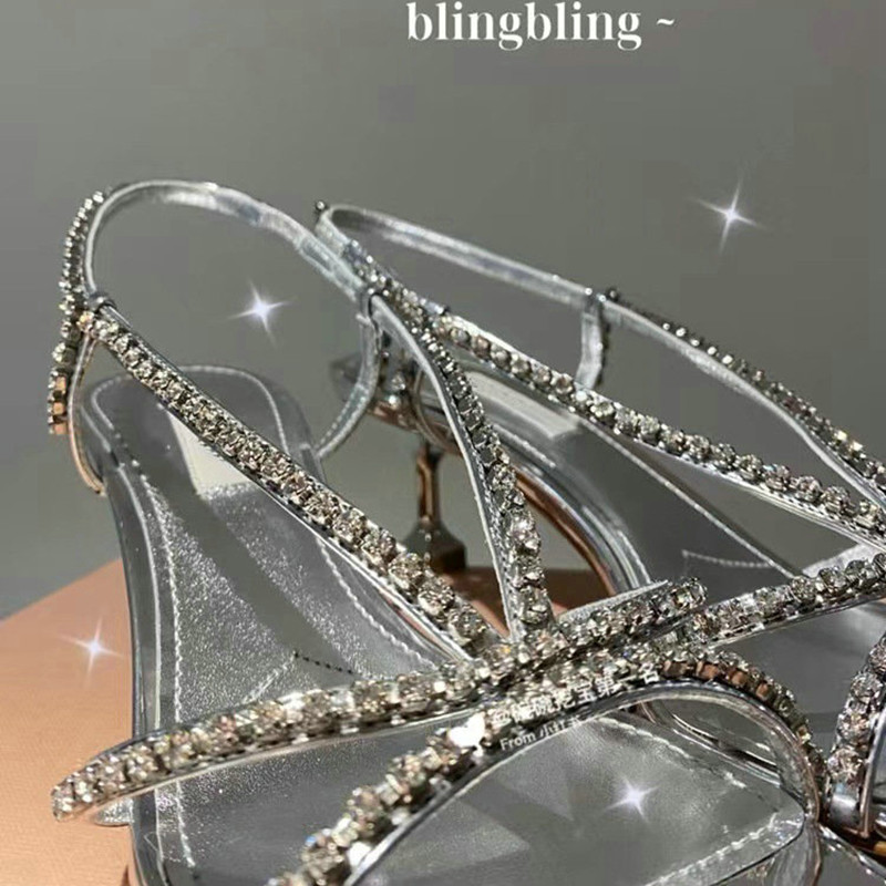 2025 new Ankle Sexy Strap Sier Sandals Women Party Summer Sgback Heels High Quality Crystal Dia Square Toe Wedding Shoe 520a