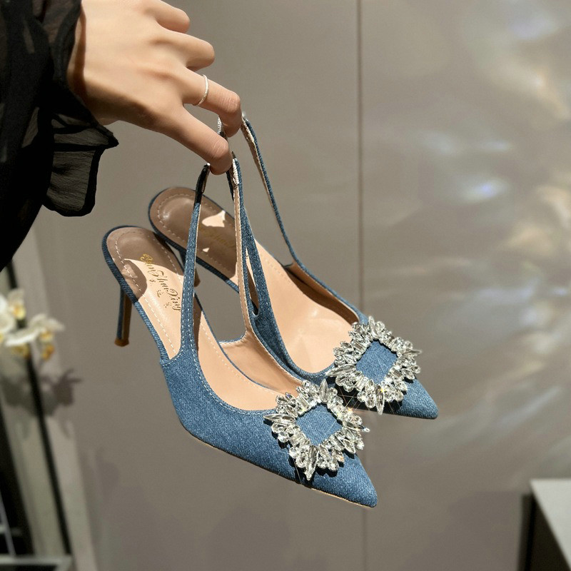 Summer 2024 New Sandals Thin Heel Pointed Baotou Dia Square Buckle Denim Korean Version Fashion High Heels e39d s