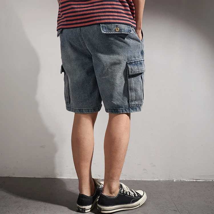 American Heavy Washed Cotton Denim Shorts for Men Loose straight half jeans pants 2024 Summer Vintage Cargo Workwear knee lengthX240914