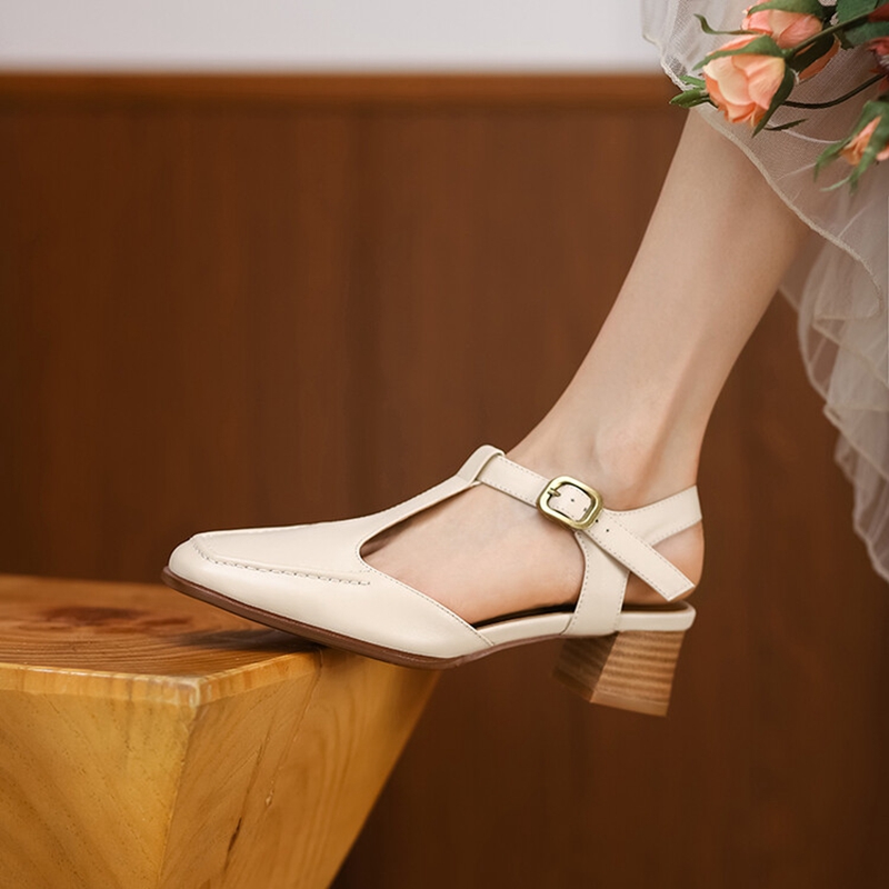 Summer 2022 Square Toe Chunky Sandals Genuine Leather High Heel Mary Janes Concise Shoes for Women 7088
