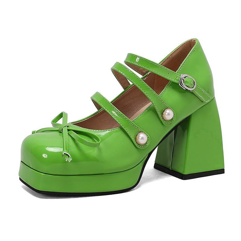 2025 new Autumn Spring Fashion Bowknot Thick Sole High Heel Single New Shallow Mouth Buckle Pearl Women's Shoes Size 34-48 e3c8