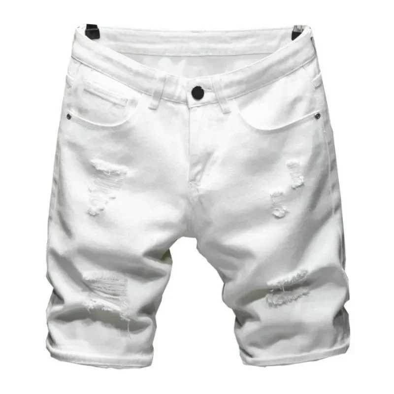 New summer boutique cotton fashionable torn mens casual jeans white and black mens beach shorts elastic CL240912