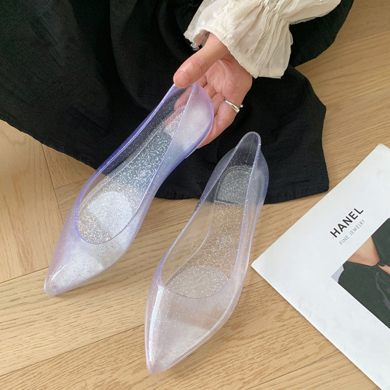 Crystal Shallow Mouth Pointed Single Shoes Casual PVC Jelly Flats Fashion Waterproof Versatile Summer Sandales Femme Mocasines