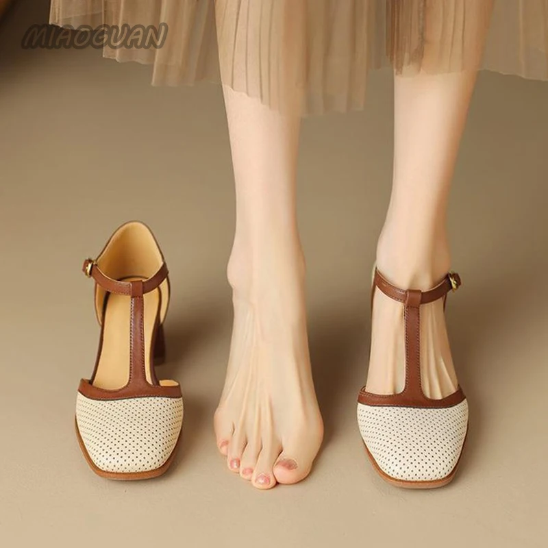 2025 new Hollow Baotou Retro Thick Heel Women Pumps New Color Blocking Fashion Ankle Buckle Females Elegant High Heels Party Dress Shoes be45 s 1798