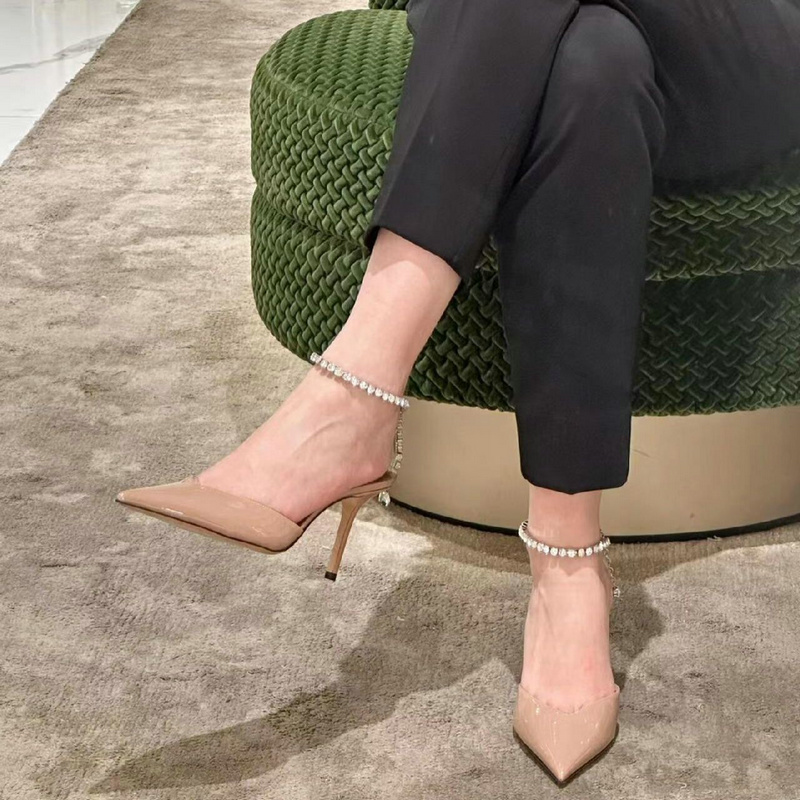 2024 Summer Rhinestone Chain High Heels Women'S Stiletto Pointy Black High Heels One-Line Sandals