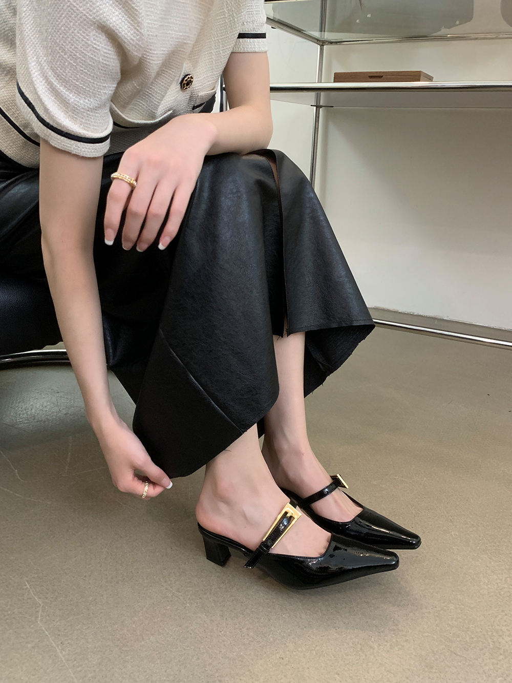 Patent Leather Women Slides Slippers Summer Outside Mules Shoes Thick High Heels Elegant Dress Shoes Woman Belt Buckle 35-39