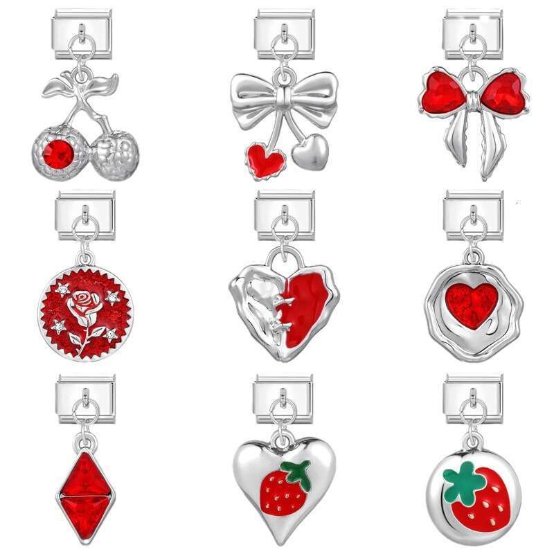New Women's Gift red enamel Strawberry cherry bow Pendant Italian Charms Links Bangle Beads Fit 9mm Stainless Steel Bracelet Making DIY For Women