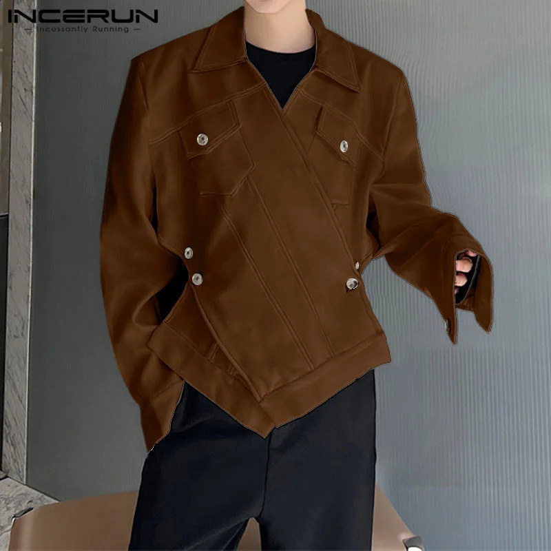 INCERUN Mens Irregular Jacket Solid Color Collar Long Sleeve Casual Coats Streetwear Autumn Fashion Jackets Outerwear 240904
