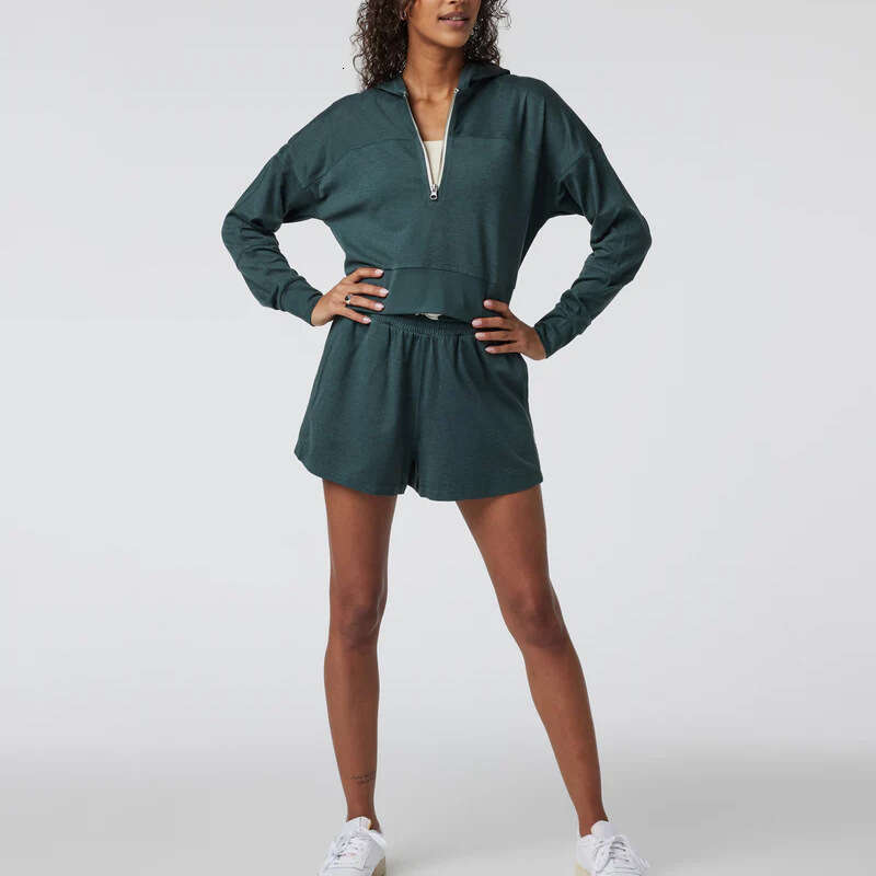 New Half Zipper Short Hoodie Loose Long Sleeve Sportswear Fitness Shorts Casual Sports Set