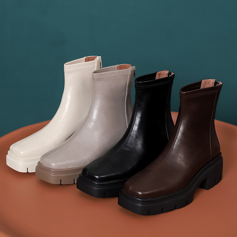 JOZHAMTA Size 33-40 Women Ankle Elastic Leather Thick High Heels Shoes Platform Short Booties Casual Office Stretch Boots