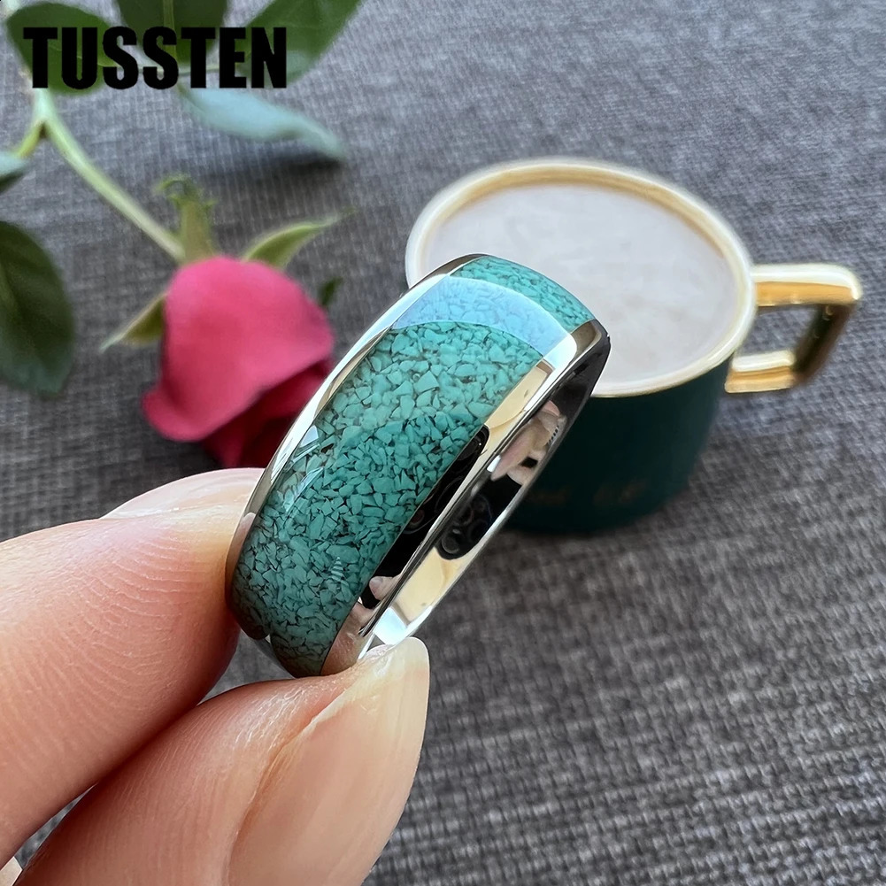 Drop TUSTEN 4/6/8MM Multico tungsten engagement and wedding ring for men with crushed turquoise inlay for a comfortable fit 240905