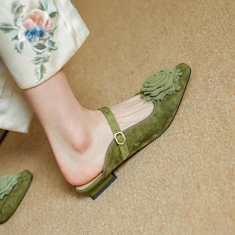 NEW Summer Women Mules Sheep Suede Leather Shoes for Women Square Toe Low Heel Slippers Cover Toe Slingback Flower Green Sandals