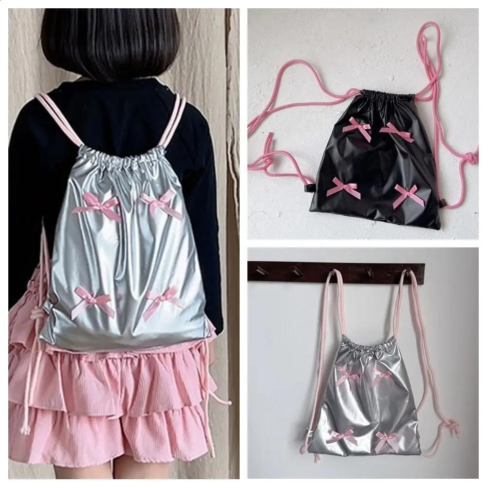 Korean style bow drawstring backpack silver Y2k nylon Ruched Knapsack solid color folding shoulder bag office staff 240912