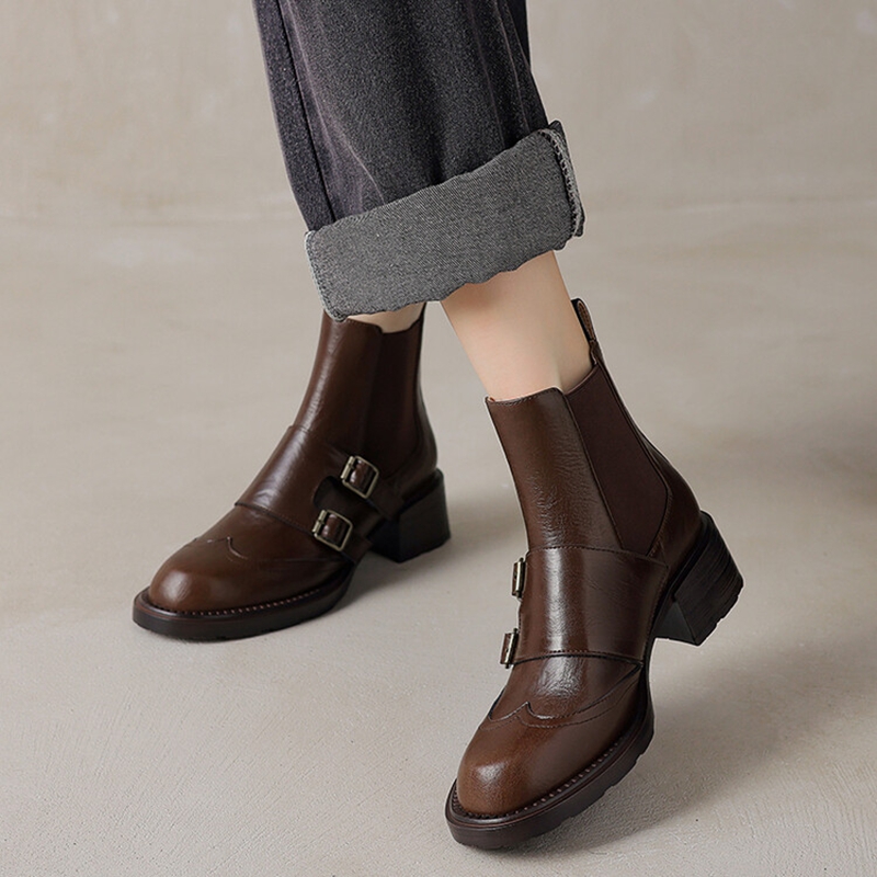Autumn NEW Round Toe Chunky Heel Split Leather Shoes for Women Slip-on Ankle Belt Buckle Boots 579d