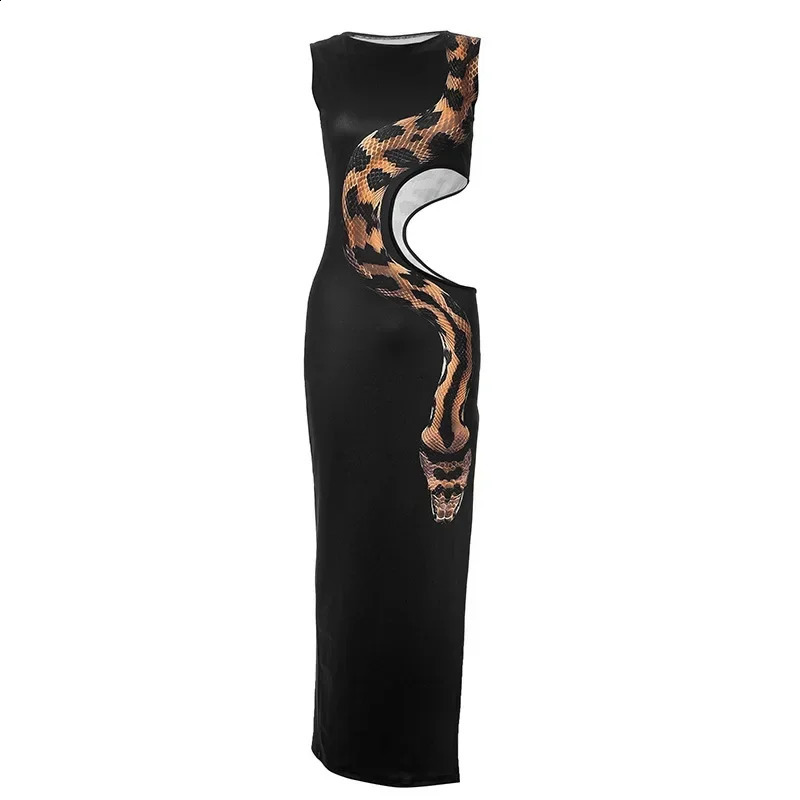 Fashion Black Snake Printed Hollow Out Long Dres Sexy O Neck Sleeveless High Split Slim Robes 2024 Lady Party Night Gowns 240913