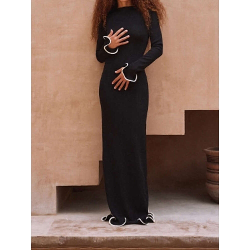 Women Fashion Boat Neck Knitted Dress Elegant Long Sleeves Backless Lace Up Slim Dresses 2024 New Autumn Female High Streetwear