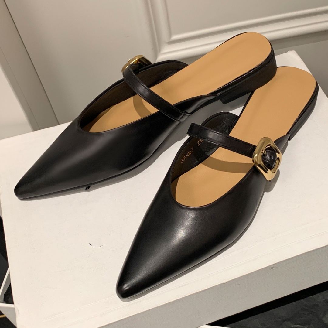 cow Women's leather metal buckle pointed toe slip-on flats sandals high quality female summer mules casual daily slides fac5