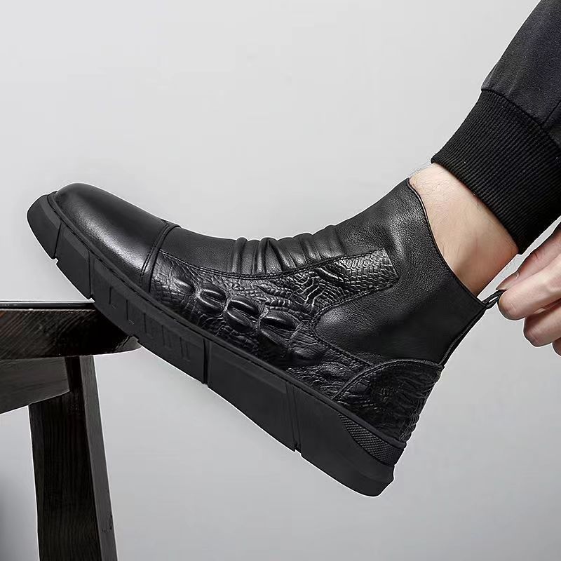 Men Motorcycle Casual Round Toe Hiking Footwear Winter Warm Plush Ankle Boots Man High Top Anti-slip Leather Toog Boot b349