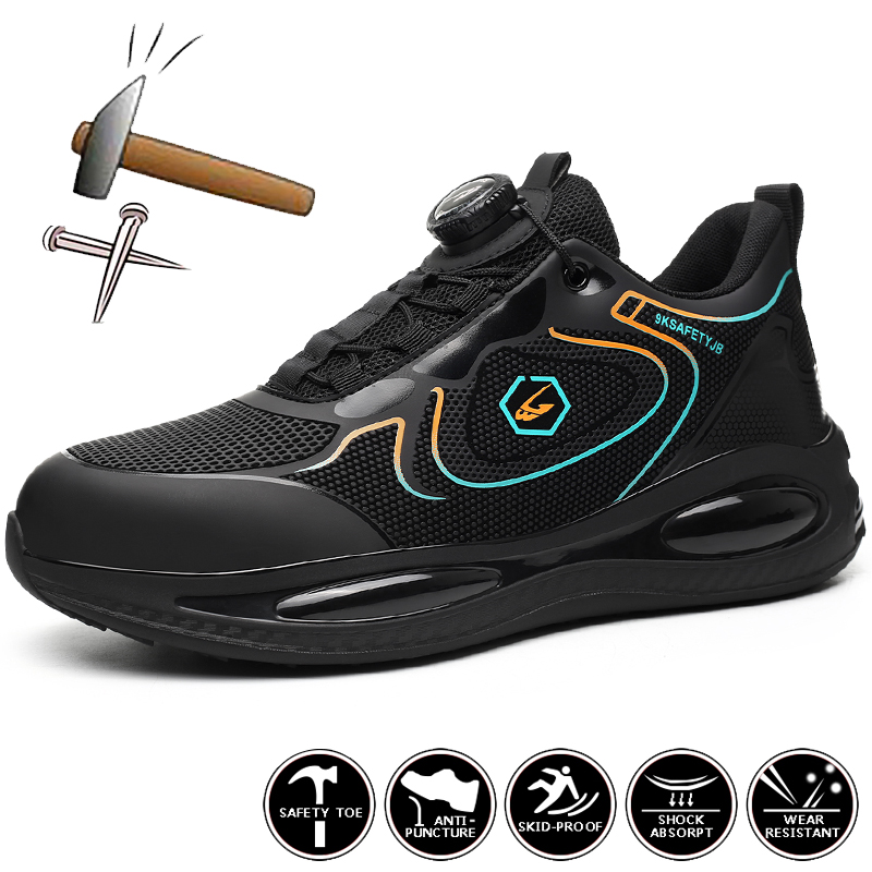 Safety Waterproof Men Rotating Button Sneakers Male Anti-Smash Breathable Work Man Air Cushion Steel Toe Shoes fa4d