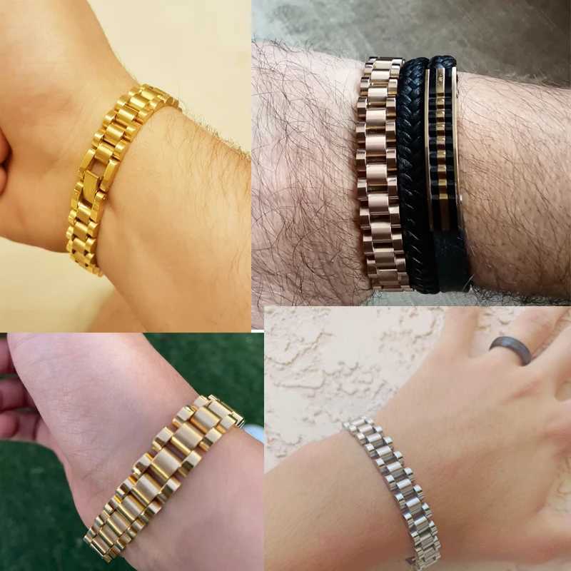 Charm Bracelets 10MM watch chain mens bracelet suitable for women gold stainless steel ergonomic bracelet mens jewelry accessories J240914