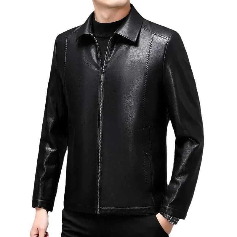 Autumn Mens New Lapel Lychee Patterned Short Slim Fitting Leather Jacket Motorcycle JacketX240913