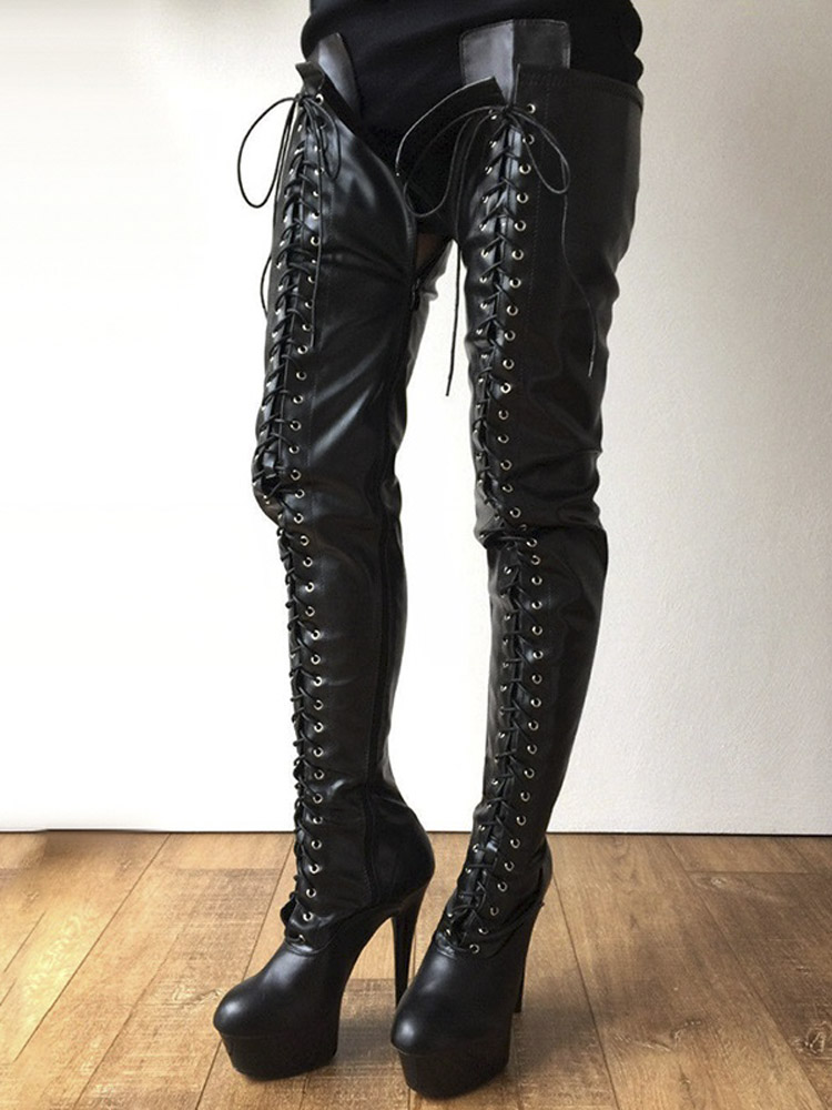 Black Lace Up shiny Over The Knee Boots Exotic Dancer 15cm Gladiator Thin Strip Heels Round Toe Nightclub Catwalk Sexy Fetish