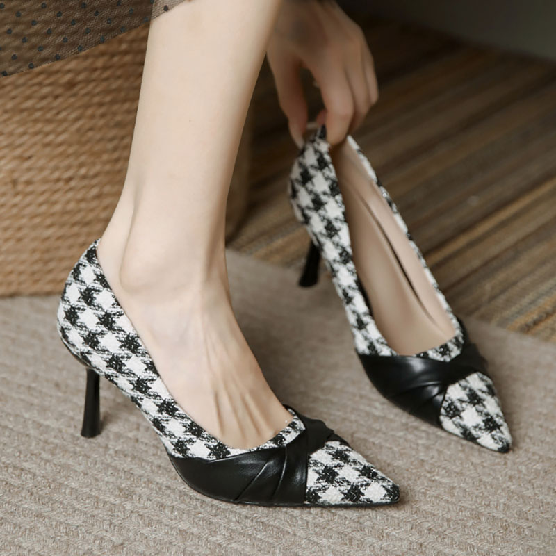Women Costume Tweed Pumps Pointed Toe High Heels Plaid Suide Designer Shoes Pleated Boat Shoes escarpins femme Dress Shoes 1109N