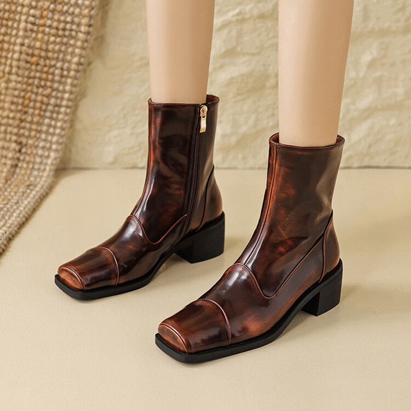 Autumn/Winter NEW Square Toe Chunky Heel Split Leather Shoes for Short Modern Vintage Boots Women 321f