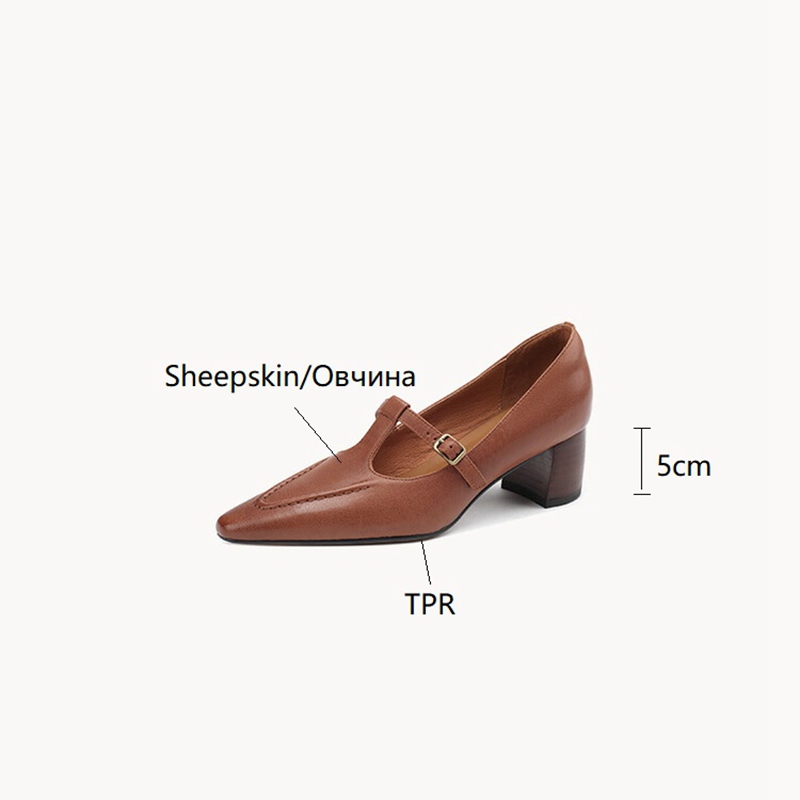 NEW Spring/Summer Women's Pumps Genuine Leather High Heels Pointed Toe Chunky Heel Shoes for Women Solid Mary Janes Party Shoes