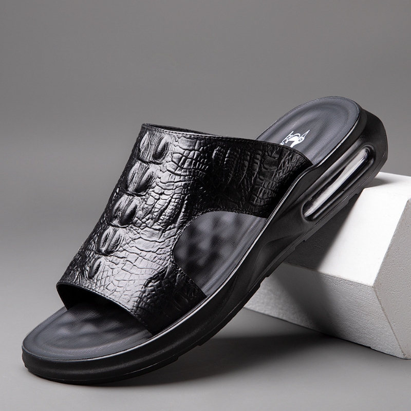 Summer New Shoes for Men Genuine Leather Sandals Crocodile Print Casual Slipper Air Cushion Flip Flops Cool Beach Shoes