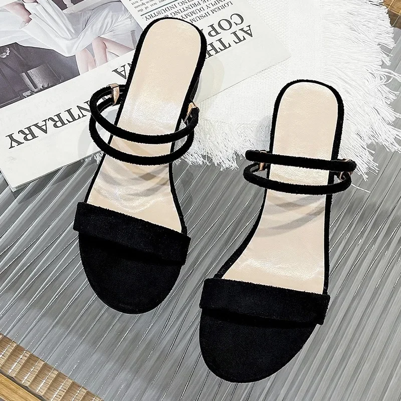 2024 summer Female open-toed wild thick suede med heels two wear sandals with New female Sandalias 2118