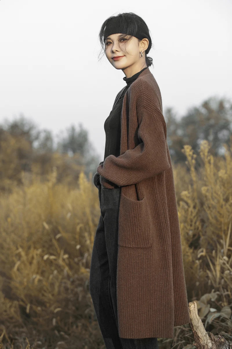 Long BuckleFree Womens Cardigan Pure Wool Knit Coat Free Size Loose AllMatch Casual and Comfortable 240904