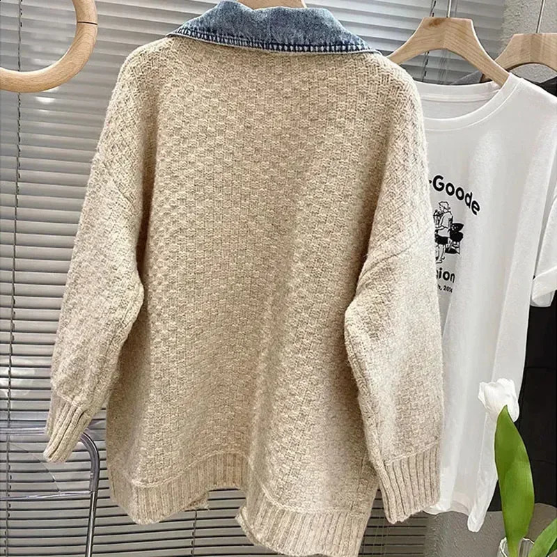 Autumn Winter Women Splicing Denim Jacket Arrivals Stitched Loose Thickened Knitted Sweater Coat Long Sleeve Cardigan Top D46 240904