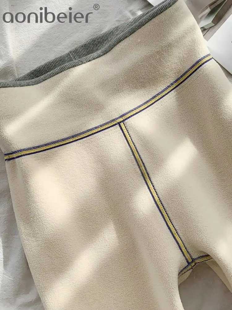 Aonibeier Warm Thick Women Fleece Leggings Traf 2023 Winter Embroidered Stretch Skinny Pencil Pant Faux Lambswool Tights LeggingX240914