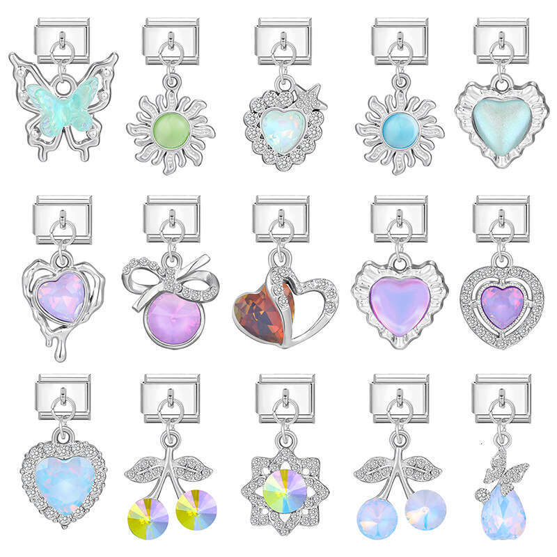 New Women's Gift Heart Butterfly Shiny CZ Pendant Italian Charms Links Bangle Beads Fit 9mm Stainless Steel Bracelet Making DIY For Women Fashion