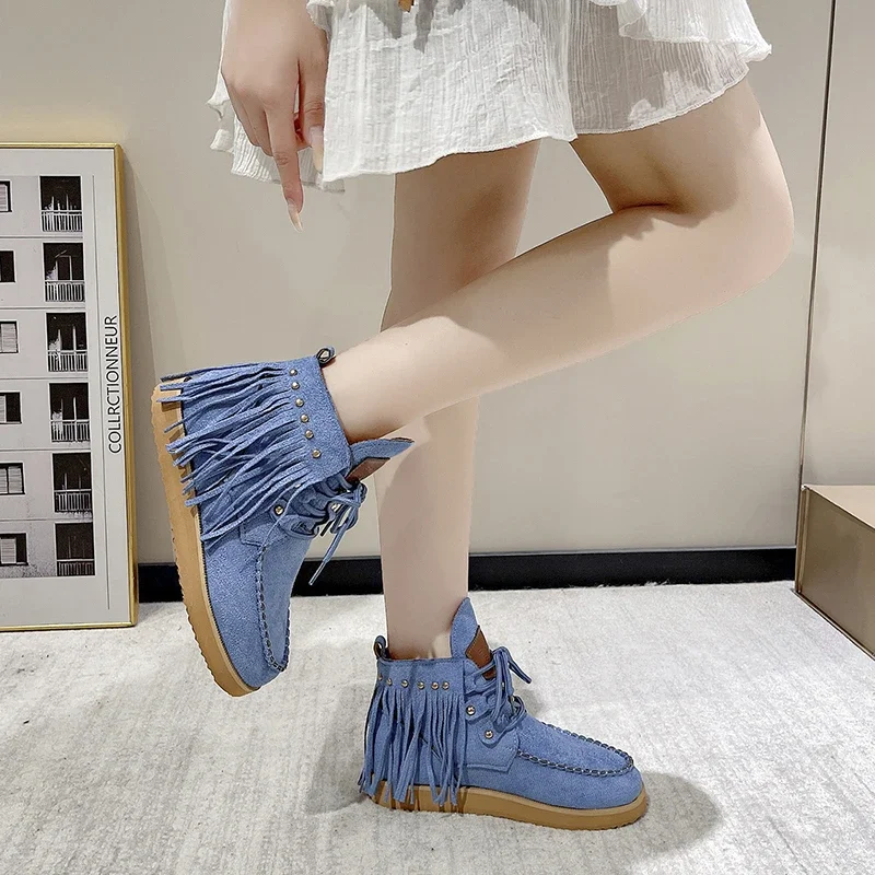 Vintage Tassel Lace-up Ankle for Women Autumn Winter Pointed Toe Cowgirl Woman Suede Western Cowboy Boots 222f
