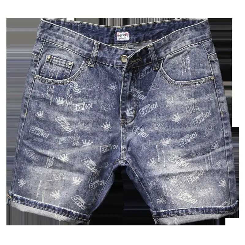 New Summer Luxury Clothing Denim Casual Short Jean Men Shorts Knee Length Washed Printed Fashion Korean Punk Trendy Cowboy PantsX240914